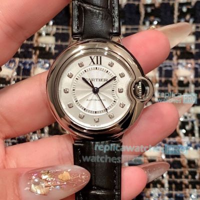 Replica Ballon Bleu De Cartier  Silver Bezel Black Leather Strap Watch